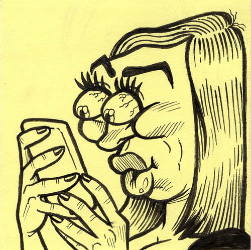 Woman with bulging dry eyes staring at phone